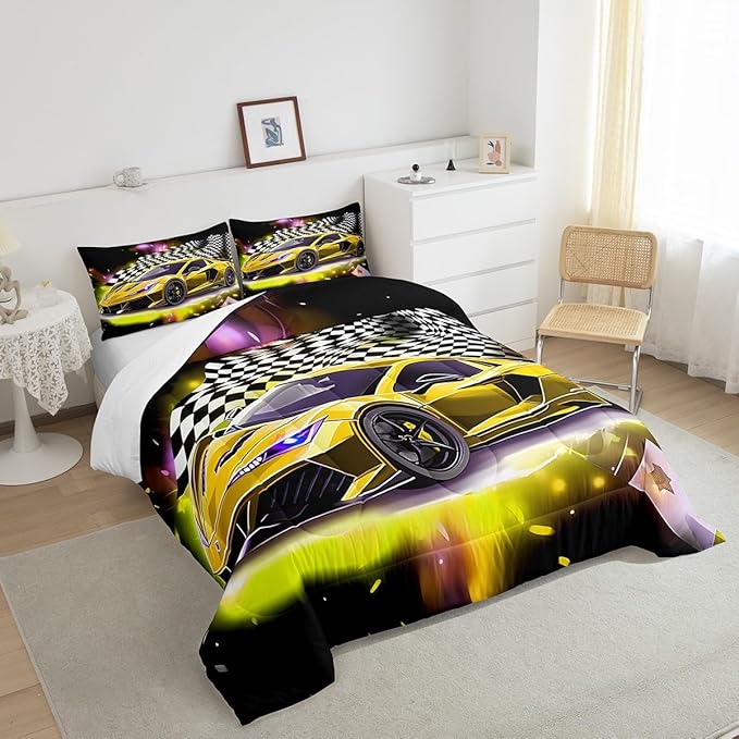 Yellow Sports Car Comforter Sets Full Size, Boys Race Car Bedding for Teens Girls Adult Extreme Speed Race Car Duvet Sets Black and White Grids Print Car Theme Bedroom Decor Quilts - LeafyLoom
