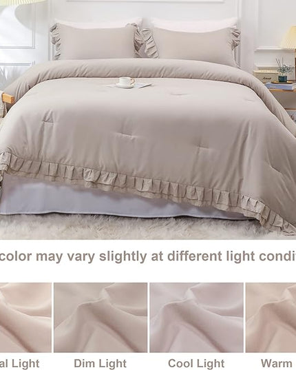 Wheat Double Ruffle Comforter Set Twin Size (66x90 Inch), 2 Pcs Farmhouse Vintage Comforter Set (1 Ruffled Comforter and 1 Pillowcase), Rustic All Season Down Alternative Bedding Set - LeafyLoom