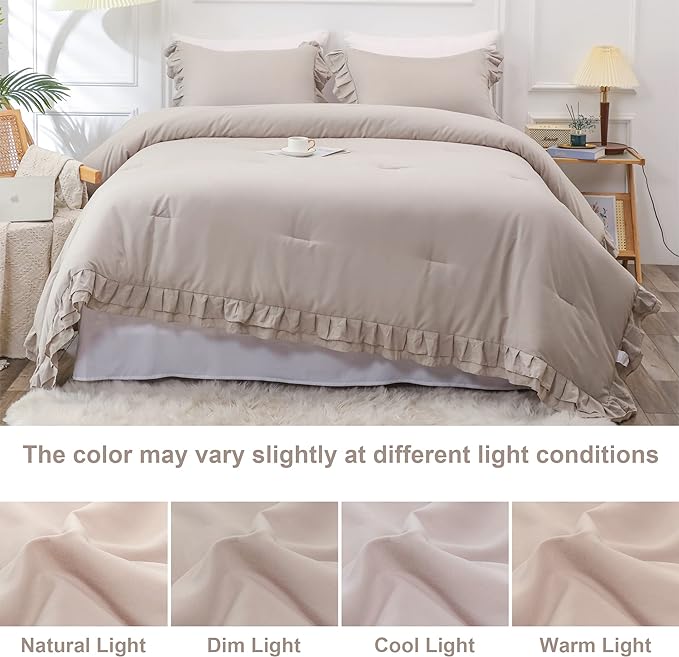 Wheat Double Ruffle Comforter Set Twin Size (66x90 Inch), 2 Pcs Farmhouse Vintage Comforter Set (1 Ruffled Comforter and 1 Pillowcase), Rustic All Season Down Alternative Bedding Set - LeafyLoom
