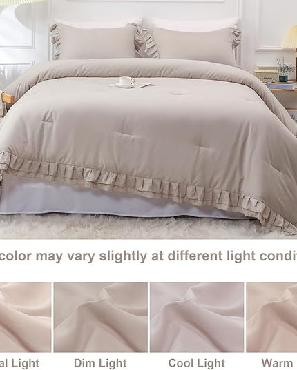 Wheat Double Ruffle Comforter Set Queen Size (90x90 Inch), 3 Pcs Farmhouse Vintage Comforter Set (1 Ruffled Comforter and 2 Pillowcase), Rustic All Season Down Alternative Bedding Set - LeafyLoom