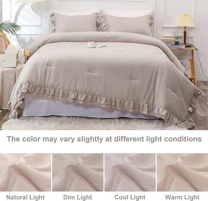 Wheat Double Ruffle Comforter Set Full Size (79x90 Inch), 3 Pcs Farmhouse Vintage Comforter Set (1 Ruffled Comforter and 2 Pillowcase), Rustic All Season Down Alternative Bedding Set - LeafyLoom