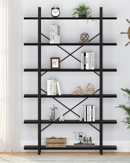HSH 6 Tier Tall Black Bookshelf, Modern Large Storage Book Shelves & Display Book Shelf,Industrial Open Vertical Metal and Wood Black Bookcases 6 Shelf for Bedroom Living Room Office, Black Oak - LeafyLoom