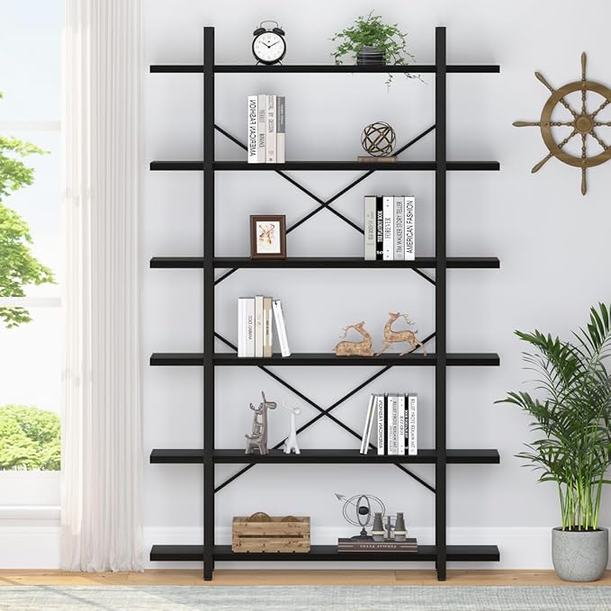 HSH 6 Tier Tall Black Bookshelf, Modern Large Storage Book Shelves & Display Book Shelf,Industrial Open Vertical Metal and Wood Black Bookcases 6 Shelf for Bedroom Living Room Office, Black Oak - LeafyLoom
