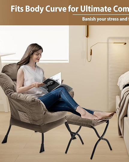 Lazy Chair with Folding Ottoman, Accent Chair Velvet Upholstered with Metal Structure and Non-Slip Pads, Sofa Armchair with Footrest and Side Storage Bag for Dorm, Room, Office, Dark Gray - LeafyLoom