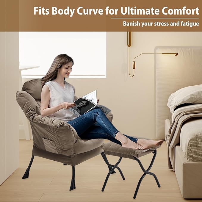 Lazy Chair with Folding Ottoman, Accent Chair Velvet Upholstered with Metal Structure and Non-Slip Pads, Sofa Armchair with Footrest and Side Storage Bag for Dorm, Room, Office, Dark Gray - LeafyLoom