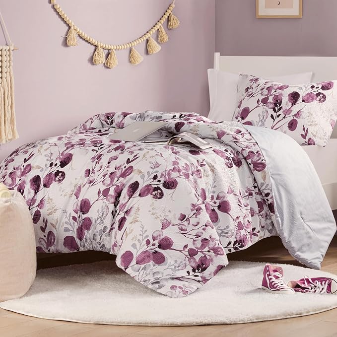 Codi Floral Twin Comforter Set for Teen Girls, Spring Lavender Bedding Sets with Soft Seersucker 2pcs - 1 Flower Comforters and 1 Pillows Case, Lilac Purple - LeafyLoom