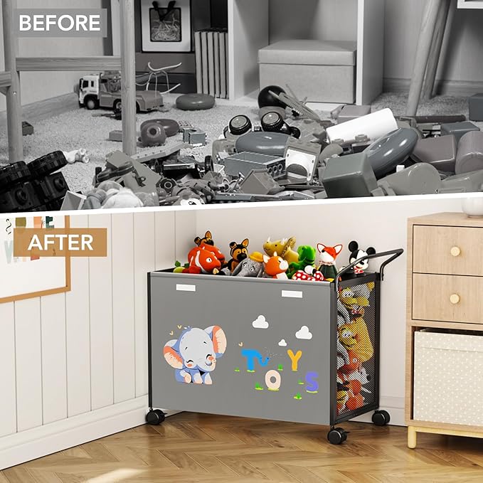 Toy Box Toy Storage - 72L Kids Toy Organizer with Wheels Toy Chest Storage Bins with Lids, Toy Boxes for Girls Boys, Stuffed Animals, Clothes, Bedroom, Living Room （grey） - LeafyLoom