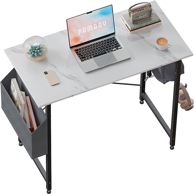 Pamray 32 Inch Computer Desk for Small Spaces with Storage Bag, Home Office Work Desk with Headphone Hook, Small Office Desk Study Writing Table - LeafyLoom