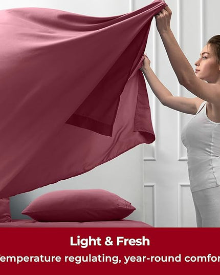 Mellanni Twin Sheets Set - 3 PC Iconic Collection Bedding Sheets & Pillowcases - Hotel Luxury, Extra Soft, Cooling Bed Sheets - Deep Pocket up to 16 inch (Twin, Burgundy) - LeafyLoom