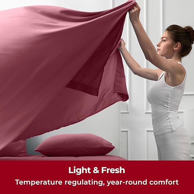 Mellanni Twin XL Sheets Set - 3 PC Iconic Collection Bedding Sheets & Pillowcases - Hotel Luxury, Extra Soft, Cooling Bed Sheets - Deep Pocket up to 16 inch (Twin Extra Long, Burgundy) - LeafyLoom