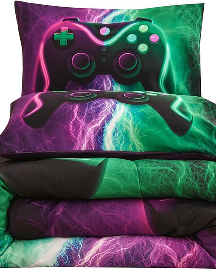 Meeting Story Gamer Gaming Bedding Sets Red Blue Lightnings Gamepad Comforter Set for Boys Games Console Action Buttons Novelty Colorful Modern Room Decor Home Quilt Set (Green-Purple, Full) - LeafyLoom
