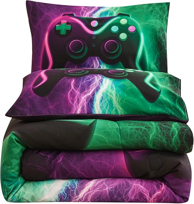 Meeting Story Gamer Gaming Bedding Sets Red Blue Lightnings Gamepad Comforter Set for Boys Games Console Action Buttons Novelty Colorful Modern Room Decor Home Quilt Set (Green-Purple, Full) - LeafyLoom