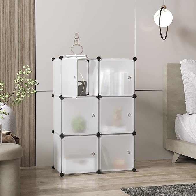 C&AHOME Cube Storage Organizer with Doors, 6-Cube Shelves, Closet Cabinet, DIY Plastic Modular Bookshelf Ideal for Bedroom, Living Room, 36.6”L x 12.4”W x 36.6”H White USBTM3006B-DOOR - LeafyLoom