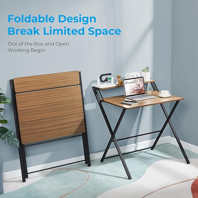 GreenForest Folding Desk No Assembly Required Small Size, 2-Tier Foldable Computer Desk with Shelf for Home Office, Space Saving Portable Laptop Study Foldable Table for Small Spaces, Espresso - LeafyLoom