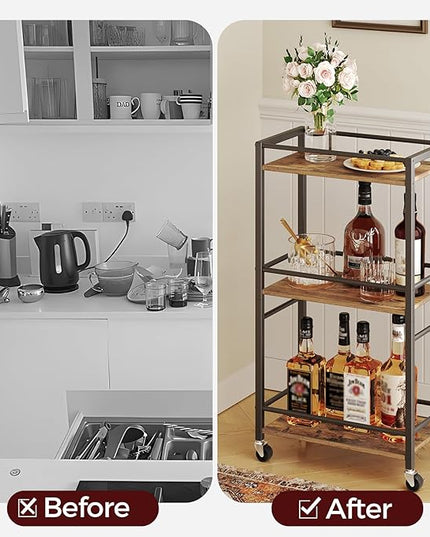 Rolling Cart, Mobile Kitchen Cart on Wheels, Narrow Storage Cart for Small Space, Wooden Service Cart, for Bathroom, Laundry, Living Room, Rustic Brown RCHR4001 - LeafyLoom