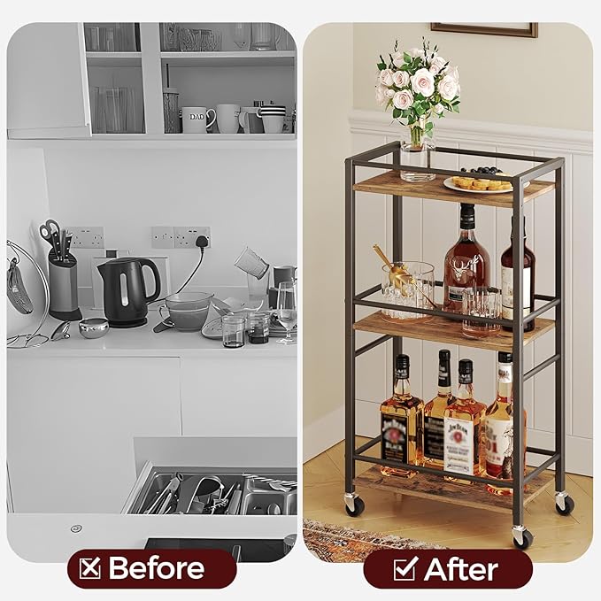 Rolling Cart, Mobile Kitchen Cart on Wheels, Narrow Storage Cart for Small Space, Wooden Service Cart, for Bathroom, Laundry, Living Room, Rustic Brown RCHR4001 - LeafyLoom
