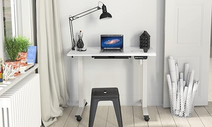 SHW Small Electric Height Adjustable Mobile Sit Stand Desk with Drawer, Hanging Hooks and Cable Management, 40 x 24 Inches, White - LeafyLoom