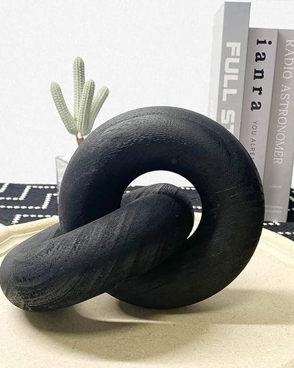 Wooden Knot for Coffee Table Decor Shelf Decor Boho Home Decor Statues, Modern Farmhouse Bookshelf Decorative Objects Wood Chain Link for Living Room- Black - LeafyLoom