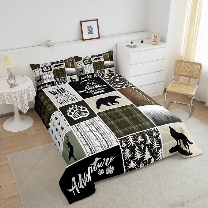 Camper Adventure Kids Comforter Set Full Size,Deer Antlers Bear Paws Rustic Farmhouse Bedding Set for Boys Girls Adults Room Decor,Atzec Arrows Boho Down Comforter,Camo Duvet Insert,2 Pillowcases - LeafyLoom