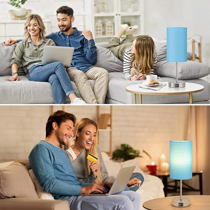 AKASUKI Table Lamp for Bedroom, 3 Way Dimmable Touch Lamp with Dual Charging Station, Small Bedside Lamps for Night Stands, Living Room, Office(LED Bulb Included) - LeafyLoom