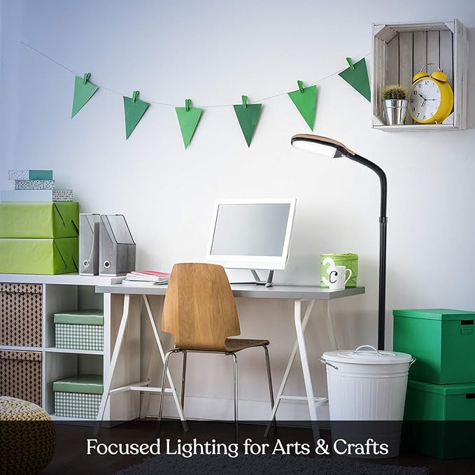 Brightech Litespan - LED Floor Reading Lamp, Modern Wooden Style, Adjustable Gooseneck, 850-950 Lumens, 12W, 3-Year Warranty - LeafyLoom