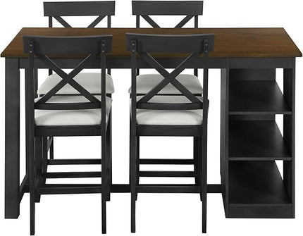 NicBex Dining Table for 4 Small Kitchen Table Set for 4 Solid Wood Farmhouse Counter Height Dining Table Set with 3-Tier Storage Shelves, Upholstered Dining Chairs for 4, Gray - LeafyLoom