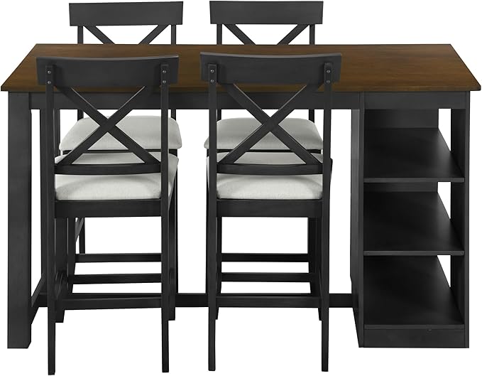 NicBex Dining Table for 4 Small Kitchen Table Set for 4 Solid Wood Farmhouse Counter Height Dining Table Set with 3-Tier Storage Shelves, Upholstered Dining Chairs for 4, Gray - LeafyLoom