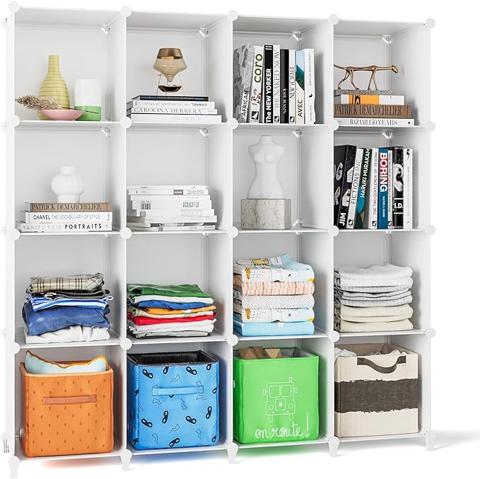 FUNLAX Cube Storage Shelf, 16 Storage Cubes Closet Organizers and Storage Portable Cube Storage Organizer Plastic Bookshelf Bookcase for Study Room, Bedroom, Office, White - LeafyLoom