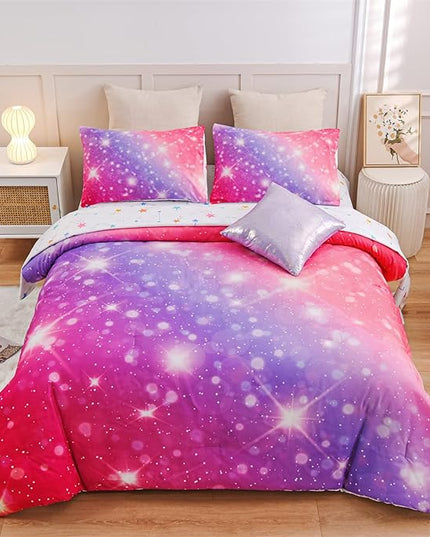 A Nice Night 6Pcs Gradient Glitter Bedding Set for Girls, Colorful Rainbow Galaxy Comforter Set, Ultra Soft Bedding Sets (Pink-Purple,Twin 6Pcs) - LeafyLoom