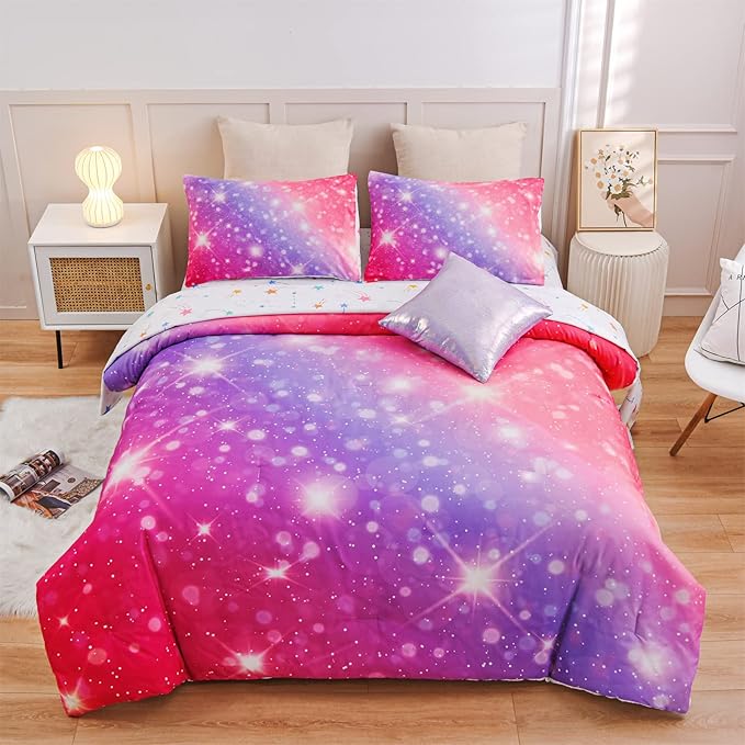 A Nice Night 6Pcs Gradient Glitter Bedding Set for Girls, Colorful Rainbow Galaxy Comforter Set, Ultra Soft Bedding Sets (Pink-Purple,Full 6Pcs) - LeafyLoom