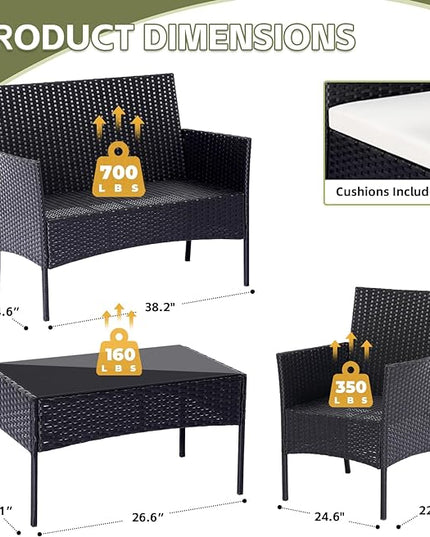 Patio Furniture Set,4 Piece Garden Conversation Set, Outdoor Wicker Rattan Table and Chairs, Black Patio Set, Sectional Sofa with Thick Cushion for Garden, Yard, or Porch (Black/Beige) - LeafyLoom