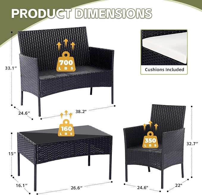 Patio Furniture Set,4 Piece Garden Conversation Set, Outdoor Wicker Rattan Table and Chairs, Black Patio Set, Sectional Sofa with Thick Cushion for Garden, Yard, or Porch (Black/Beige) - LeafyLoom