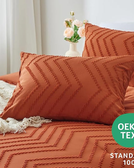 CozyLux Queen Comforter Set Burnt Orange - 3 Pieces Terracotta Boho Tufted Shabby Chic Bedding Comforter Set for All Seasons, Chevron Bedding Sets with Comforter & 2 Pillow Shams - LeafyLoom