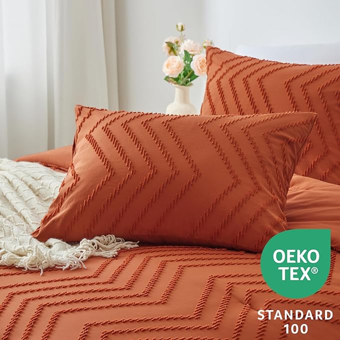 CozyLux Queen Comforter Set Burnt Orange - 3 Pieces Terracotta Boho Tufted Shabby Chic Bedding Comforter Set for All Seasons, Chevron Bedding Sets with Comforter & 2 Pillow Shams - LeafyLoom