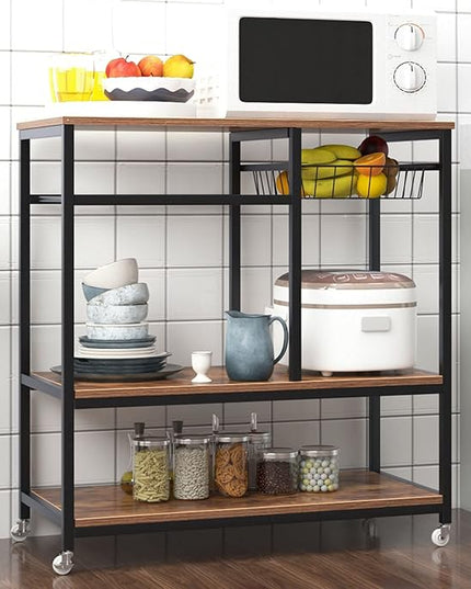 SogesGame Kitchen Cart Kitchen Baker's Rack, 3-Tier Vintage Serving Cart with Wheels Utility Cart Microwave Stand Storage Shelf Coffee Cart for Kitchen Coffee Station - LeafyLoom