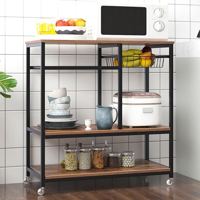 SogesGame Kitchen Cart Kitchen Baker's Rack, 3-Tier Vintage Serving Cart with Wheels Utility Cart Microwave Stand Storage Shelf Coffee Cart for Kitchen Coffee Station - LeafyLoom