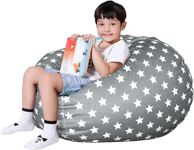Lukeight Stuffed Animal Storage Bean Bag Chair Cover for Kids, Zipper Beanbag Chair Cover for Organizing Toddler & Kids' Rooms Plush Toys (Stars Gray Velvet, X-Large) - LeafyLoom