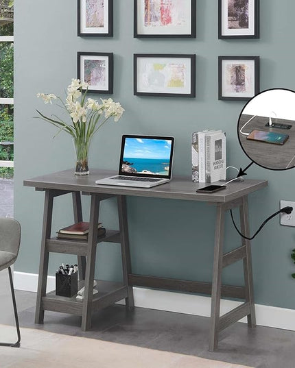 Convenience Concepts Designs2Go Trestle Desk with Charging Station and Shelves, Charcoal Gray - LeafyLoom