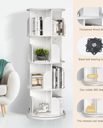 Rotating Bookshelf, Small Bookshelf for Small Space, 360 Display 4 Tier Floor Standing Bookcase Storage Rack, Wood Narrow Book Shelf Organizer for Bedroom, Living Room (White) - LeafyLoom