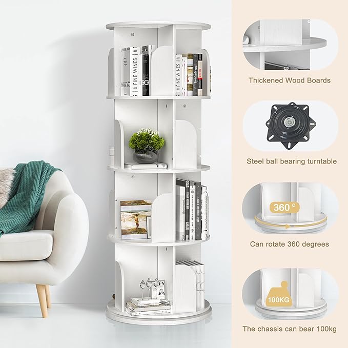 Rotating Bookshelf, Small Bookshelf for Small Space, 360 Display 4 Tier Floor Standing Bookcase Storage Rack, Wood Narrow Book Shelf Organizer for Bedroom, Living Room (White) - LeafyLoom