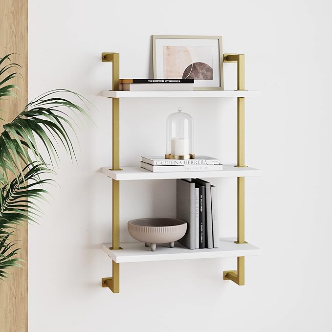 Nathan James Theo 3-Shelf Small Bookcase, Floating Wall Mount Bookshelf with Wood and Industrial Pipe/Metal Frame, White/Brass Gold - LeafyLoom