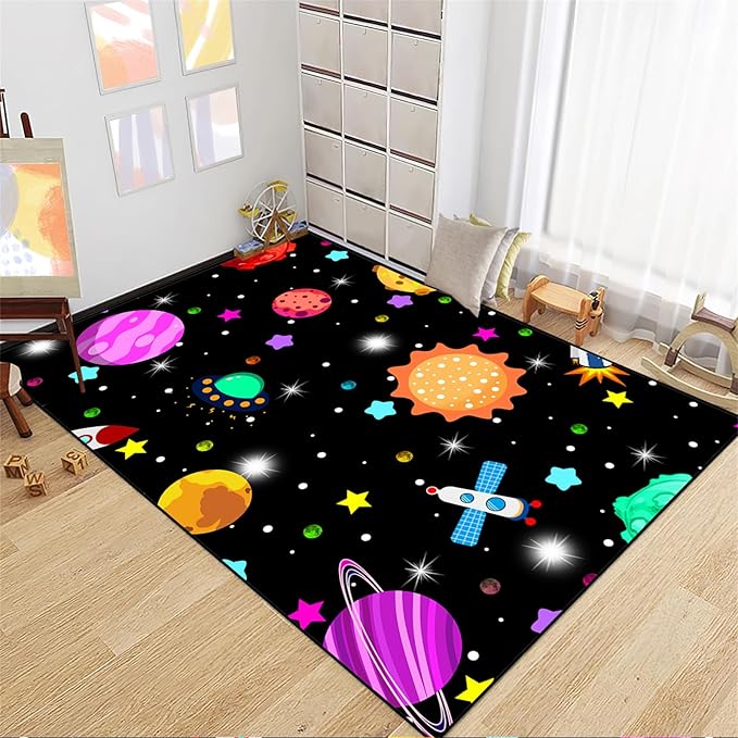 Space Rug - Space Rug for Boys Room Solar System Rug Planet Carpet for Kids Outer Space Area Rug Bedroom Boys Kids Rugs for Playroom Galaxy Rugs for Boys Bedroom,Black,4'×5' - LeafyLoom