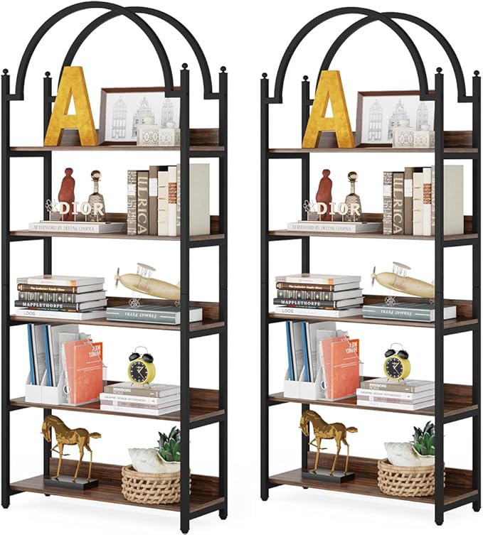 Tribesigns 5-shelf Arched Bookcase Set of 2, Rustic Wood Shelf with Black Metal Frame, Industrial Metal Etagere Open Bookshelf (2, Brown+Black) - LeafyLoom
