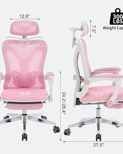 Ergonomic Office Chair with Footrest | Adjustable Lumbar Support, Reclining Desk Chair with Leg Rest, Comfortable Mesh Computer Chair for Home & Office (Pink) - LeafyLoom