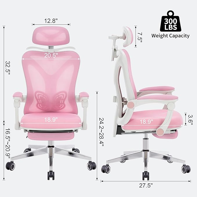 Ergonomic Office Chair with Footrest | Adjustable Lumbar Support, Reclining Desk Chair with Leg Rest, Comfortable Mesh Computer Chair for Home & Office (Pink) - LeafyLoom