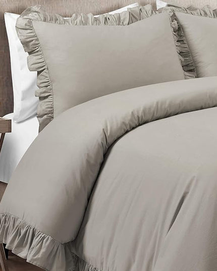 Lush Decor Reyna Ruffle 100% Cotton Duvet Cover Set - 3 Piece Cozy Ruffled Bedding Set - Timeless Elegance and Comfort - Full/ Queen, Gray - LeafyLoom