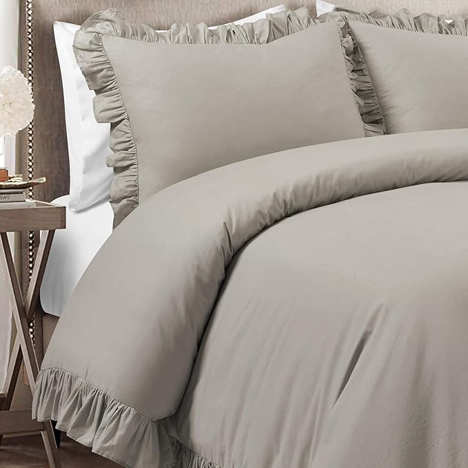 Lush Decor Reyna Ruffle 100% Cotton Duvet Cover Set - 3 Piece Cozy Ruffled Bedding Set - Timeless Elegance and Comfort - Full/ Queen, Gray - LeafyLoom