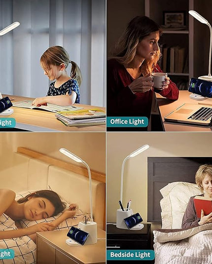Small Desk Lamp with Wireless Charger, Desk Lights for Home Office - LED, White,Brightness Adjustment, 3 Color Modes,500LM, Study Lamp with Pen Holder， Desktop Study Desk Lamp for College Dorm Room - LeafyLoom