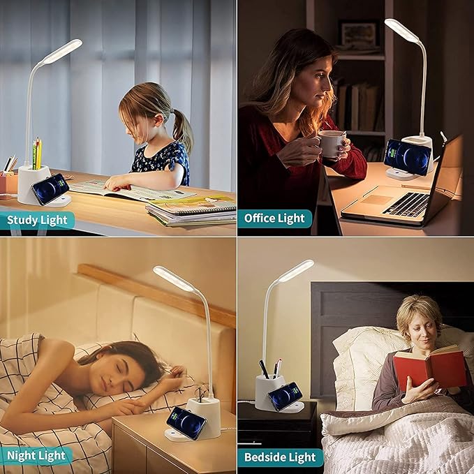 Small Desk Lamp with Wireless Charger, Desk Lights for Home Office - LED, White,Brightness Adjustment, 3 Color Modes,500LM, Study Lamp with Pen Holder， Desktop Study Desk Lamp for College Dorm Room - LeafyLoom