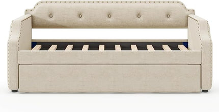 Twin Size Upholstered Daybed with Trundle, Wooden Day Sofa Bed Frame for Bedroom Living Guest Room, Wood Slat Support, Space Saving, Beige - LeafyLoom